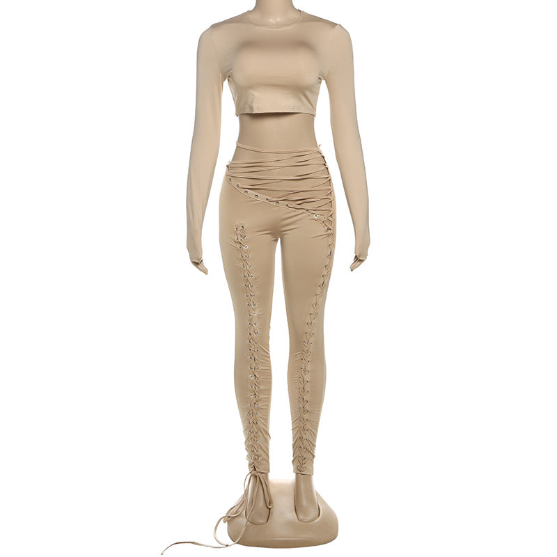 MB1810 Fitted Crop Top & Lace-Up Pants Two-Piece Outfit