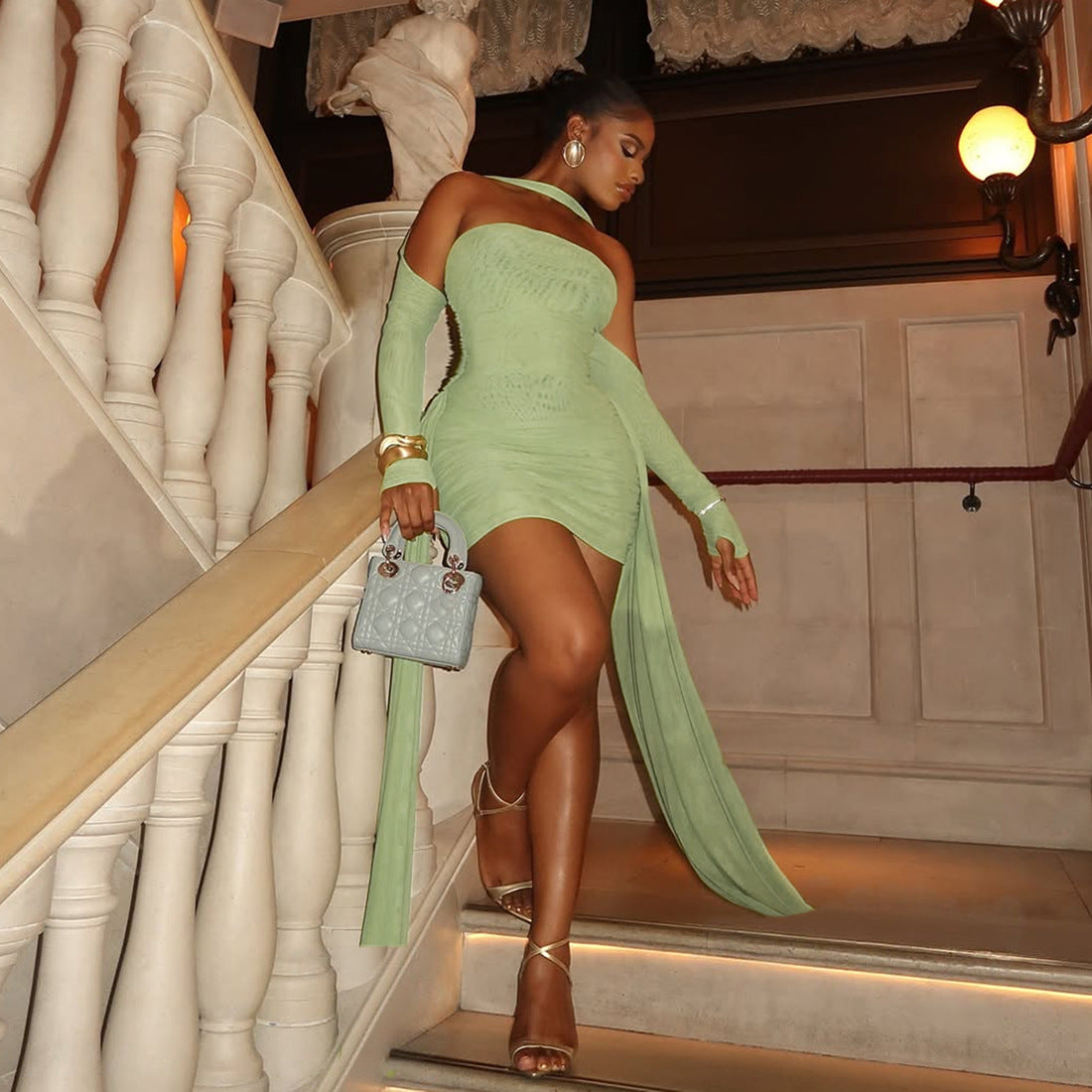 MB1808 Women's Ruched Tulle Sleeve Mini Dress