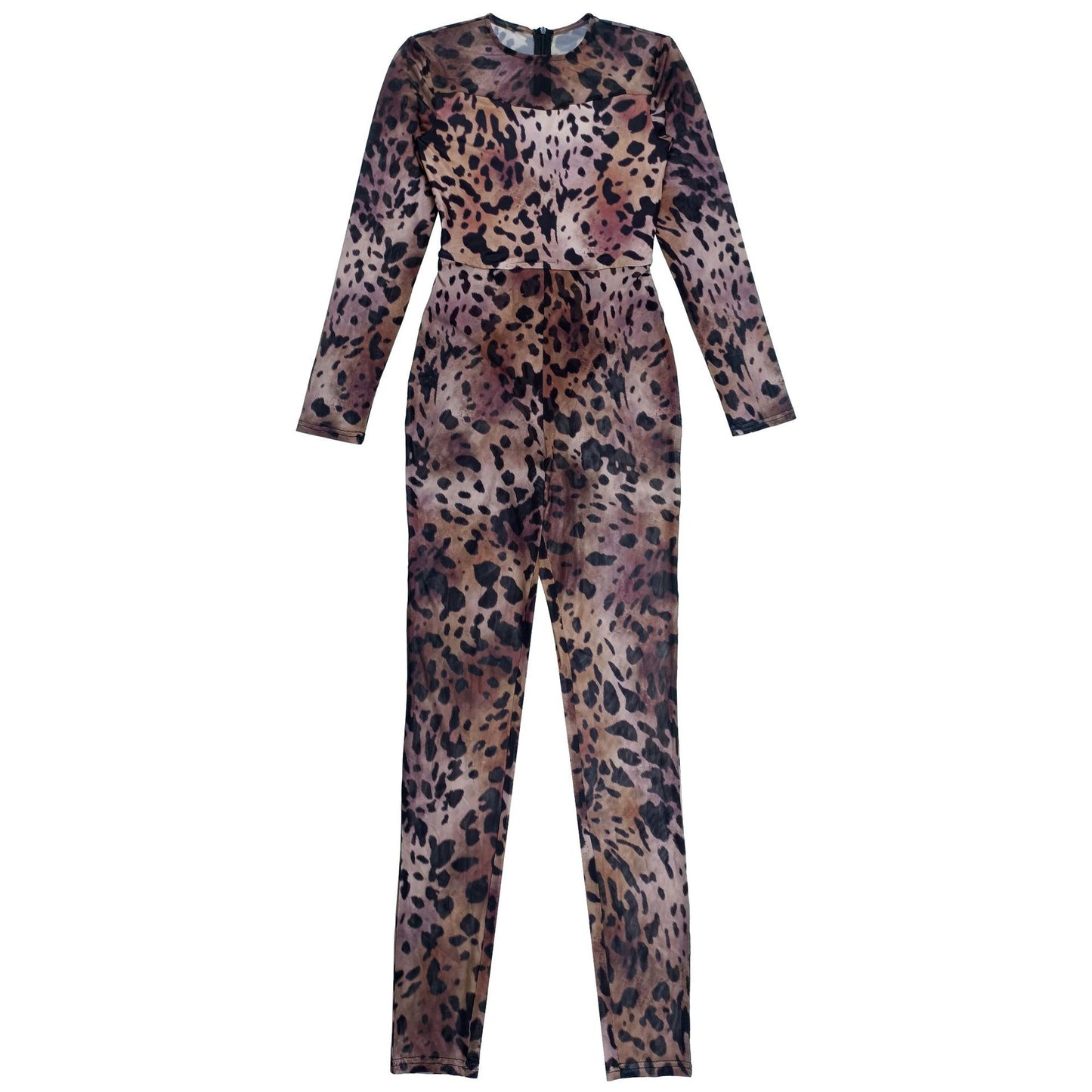 MB1607 Taupe Leopard Print Sheer Mesh Bodycon Jumpsuit