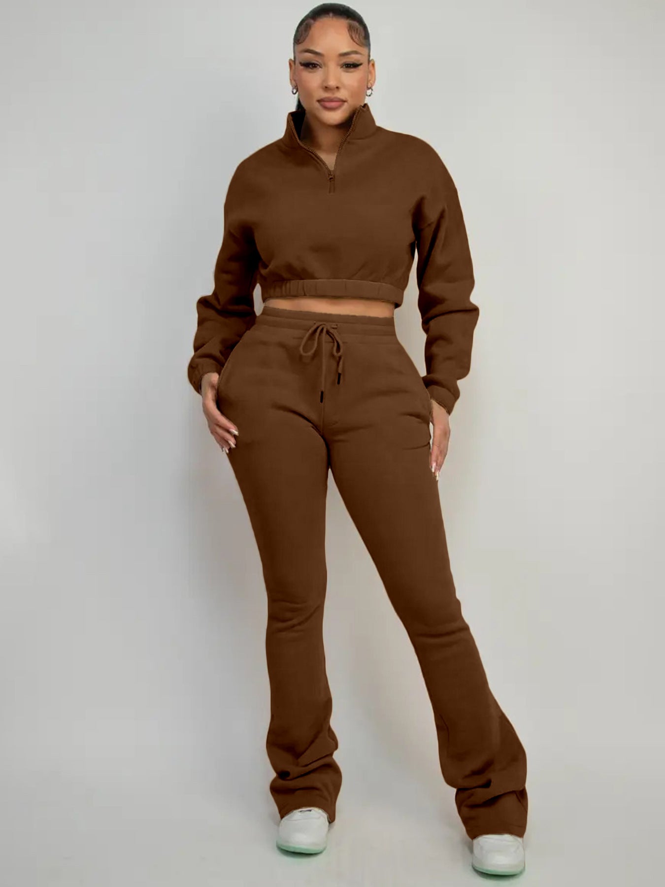 MB1719 Women’s Crop Hoodie & Flare Pants 2-Piece Tracksuit Set