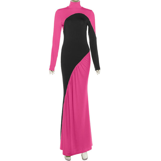 MB1515 Color Block Turtleneck Maxi Dress