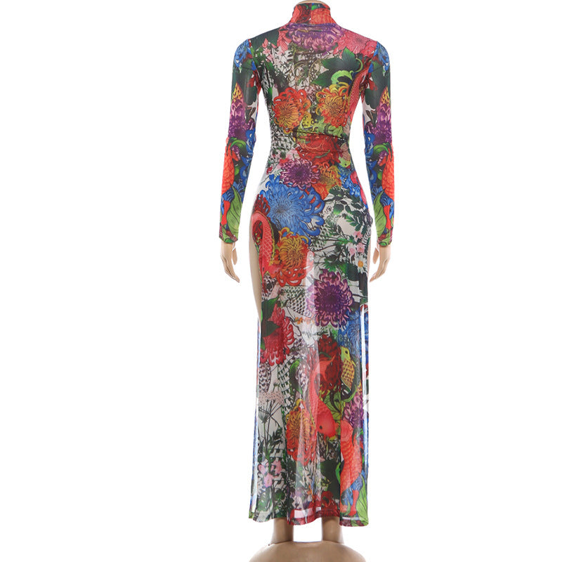 MB1838 Sexy High Neck Long Sleeve Sheer Maxi Dress with Tropical Floral & Koi Fish Print