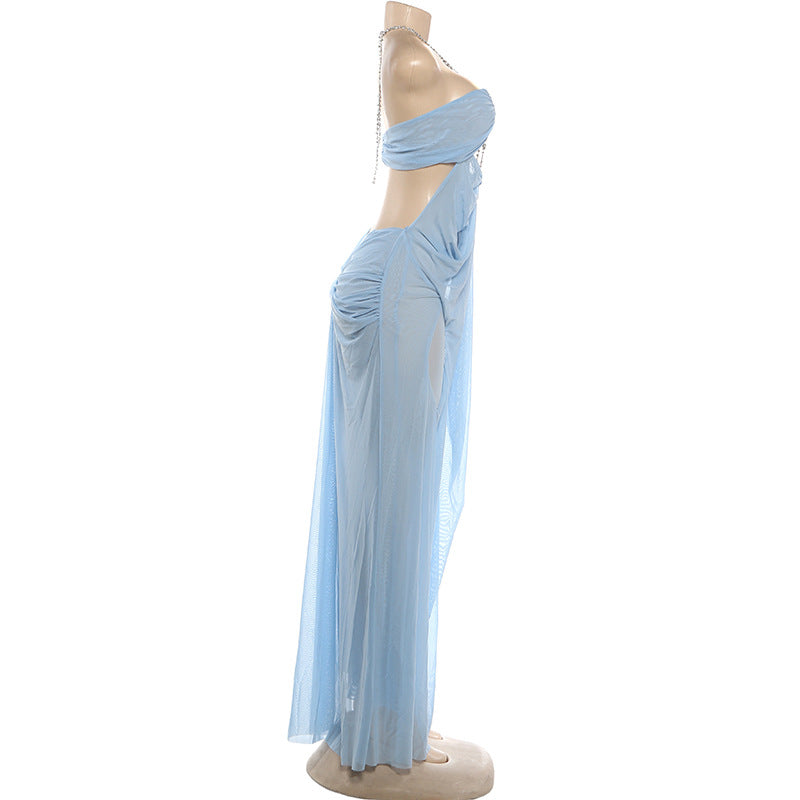 MB1902 Light Blue Sheer Mesh Halter Maxi Dress – Rhinestone Cutout Party Gown