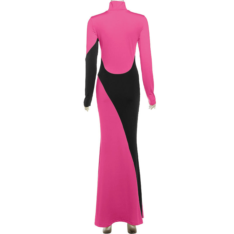 MB1515 Color Block Turtleneck Maxi Dress