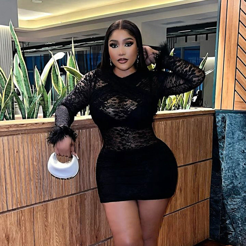 MB10117 Lace Sheer Bodycon Dress with Fur Cuff Detail