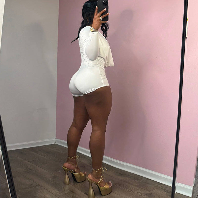 MB1501 Deep V Ruched Long Sleeve Romper