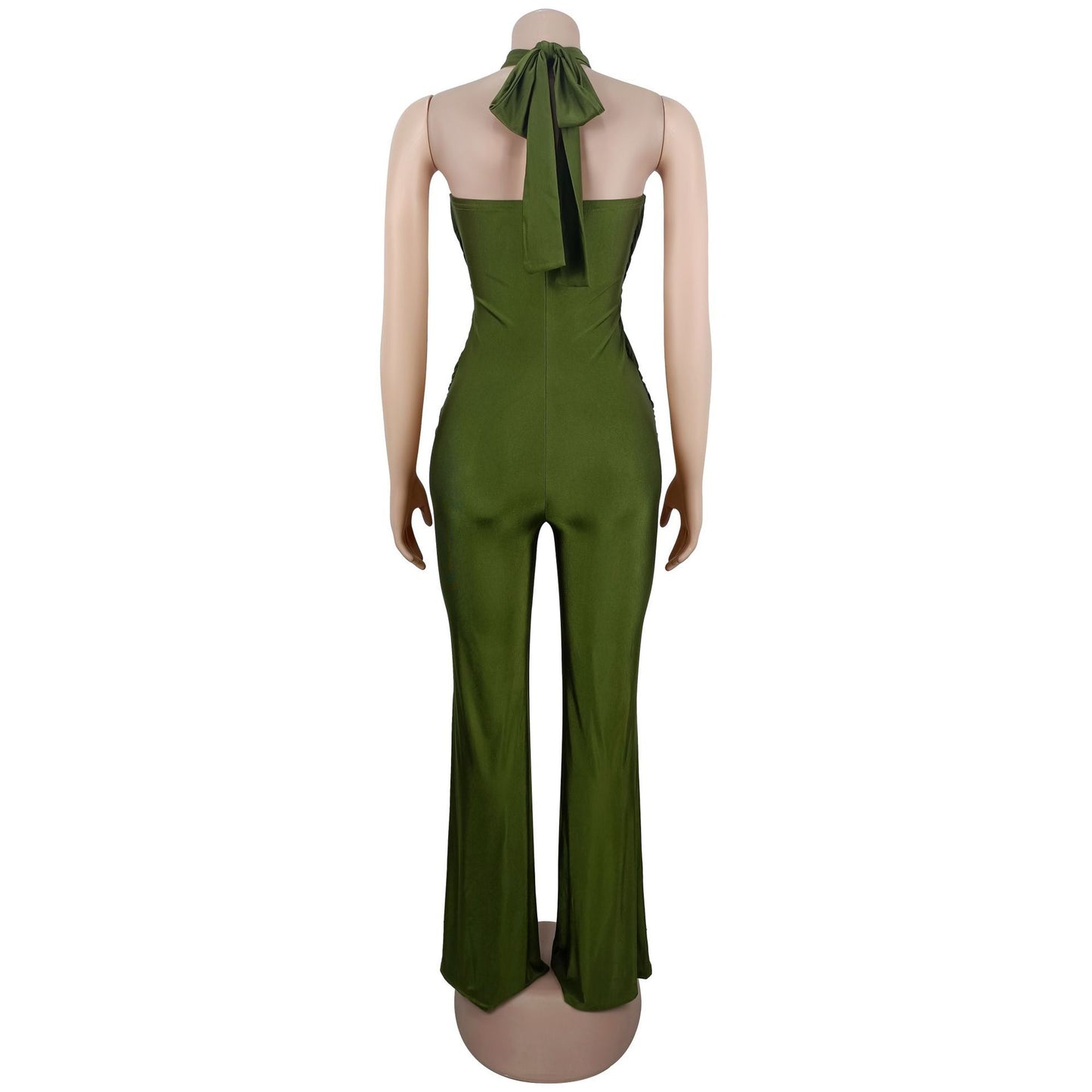 MB1603 Halter Formal Jumpsuit - Cutout Chest Crisscross Ruched Flared Leg