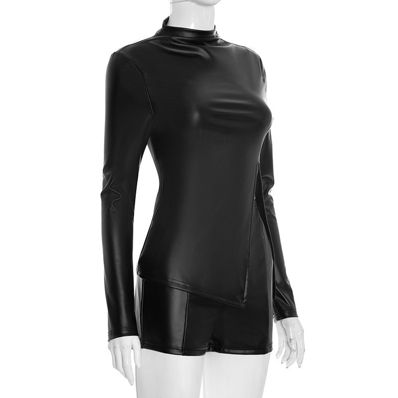 MB10122 Faux Leather Long Sleeve Split Top & High Waist Shorts