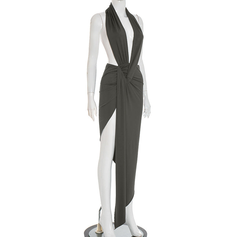 MB10133 Women's Charcoal Halter Twist Cutout Ruched Dress