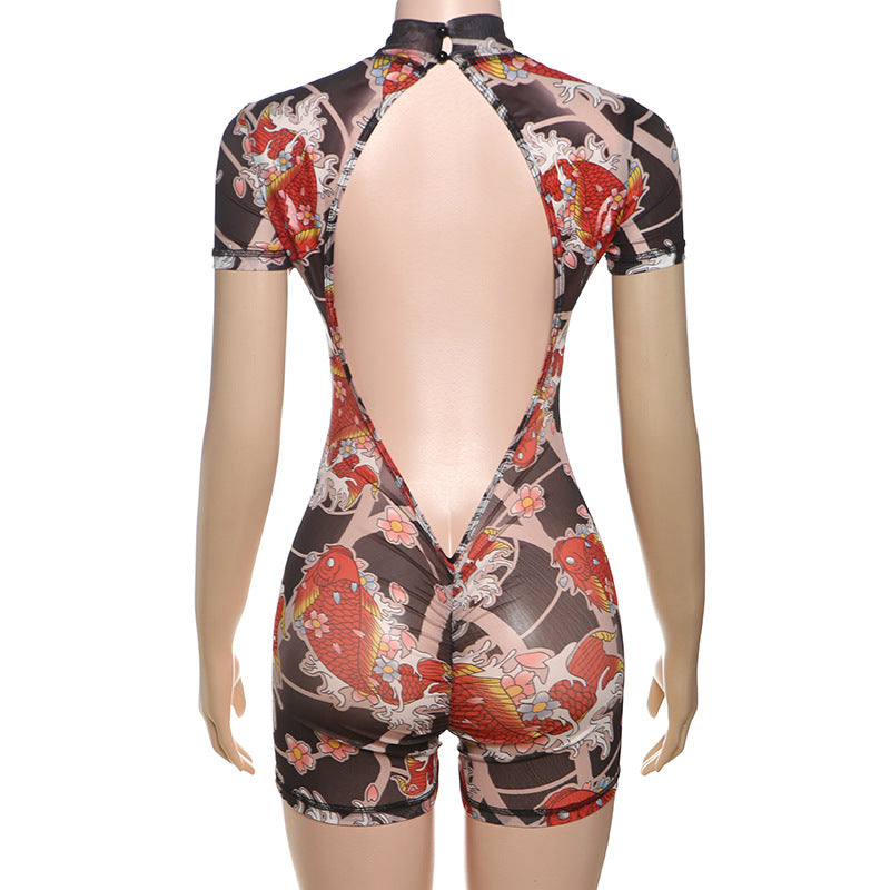 MB1112 Graphic Print Sheer Tight Backless Romper