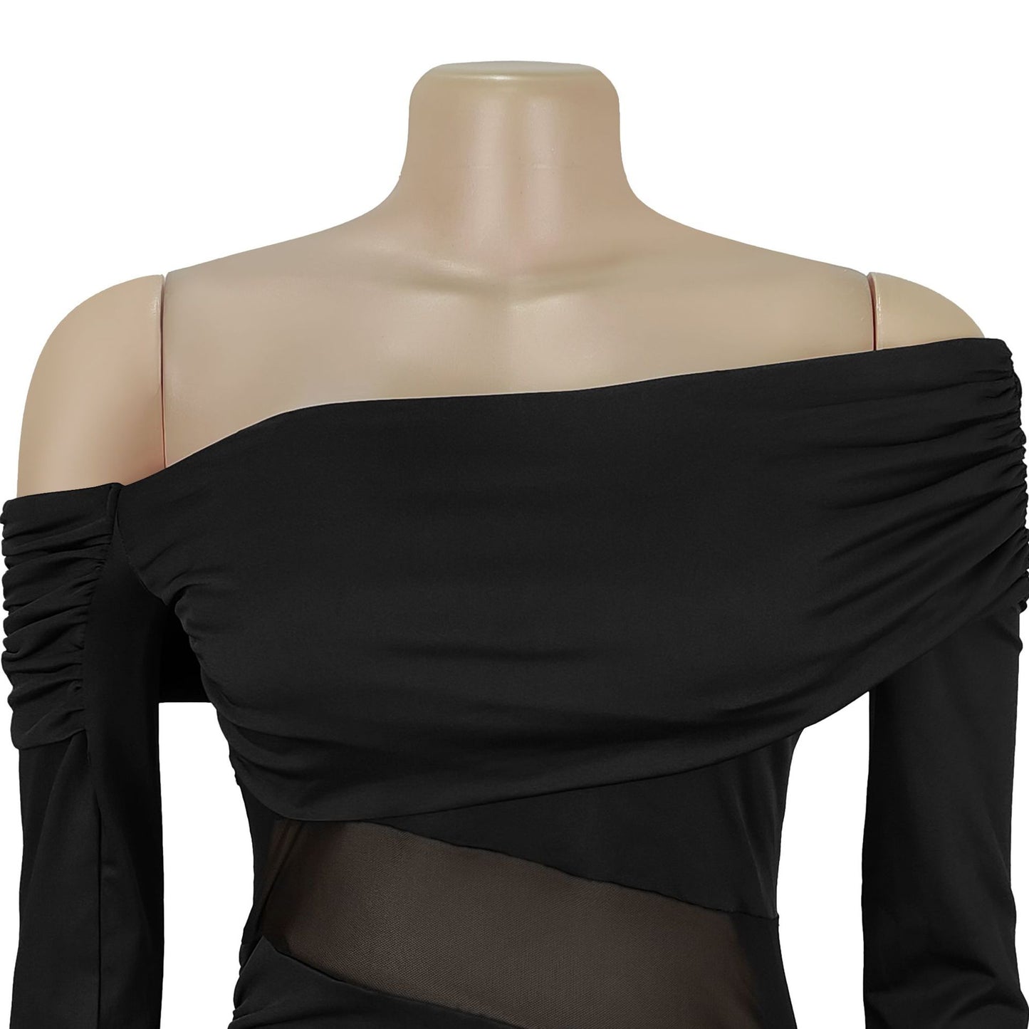 MB1614 Off-the-Shoulder Mesh Cutout Ruched Maxi Dress with Slit