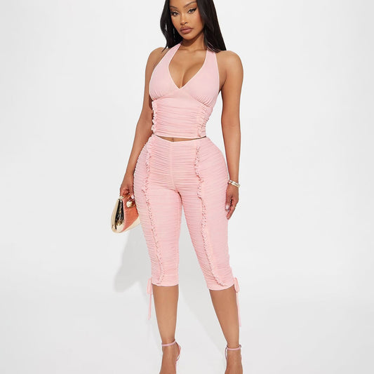 MB1821 Halter Ruched Crop Top & Capri Pants 2 Piece Set