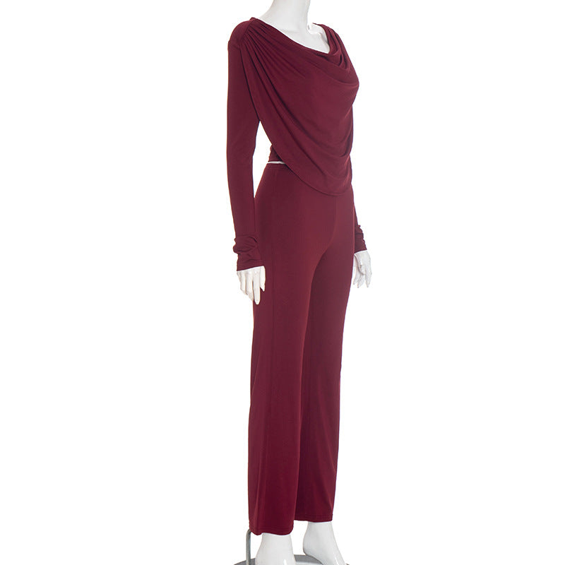 MB1066 Women's Cowl Neck Top &  Wide Leg Pants Two-Piece Set