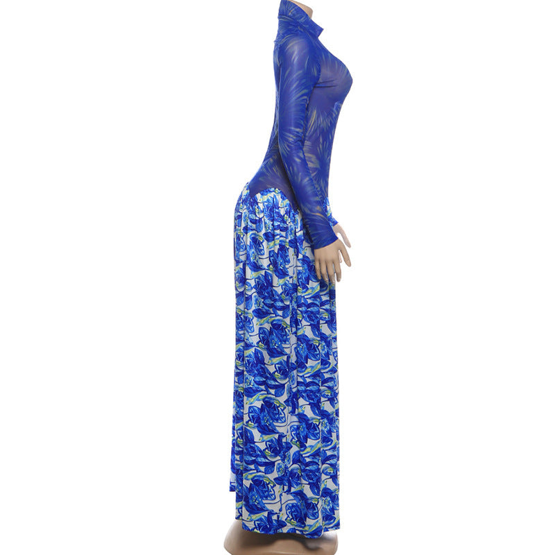 MB1814 Women's Blue Floral Milk Silk A-Line Maxi Dress