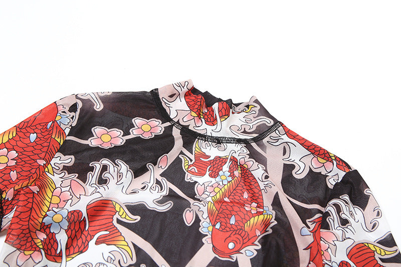 MB1112 Graphic Print Sheer Tight Backless Romper