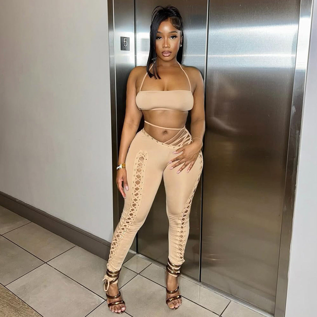 MB1807 Women's Nude Halter Bandeau Crop Top & Waist-Leg Lace-Up High-Waist Leggings Two-Piece Outfit