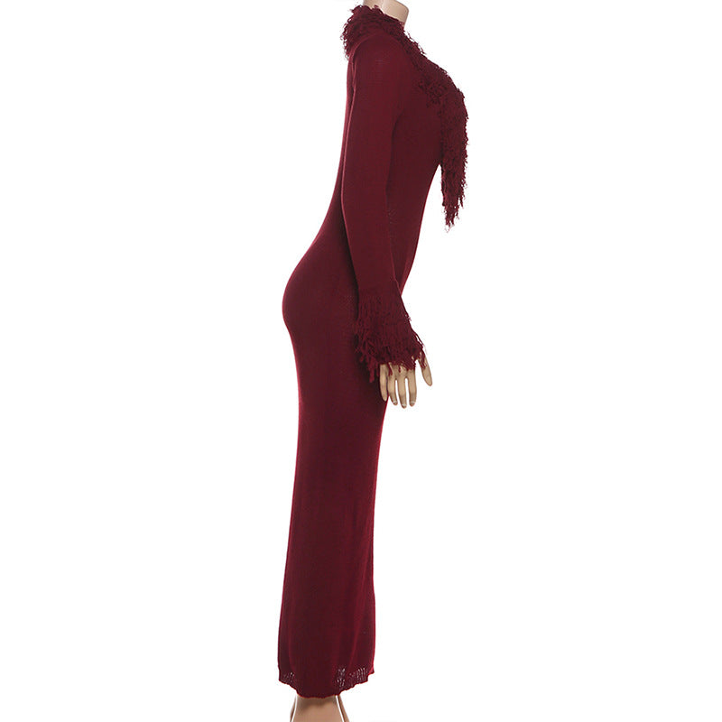 MB1806 Women's Burgundy Deep V Fringe Trim Ribbed Knit Midi Dress