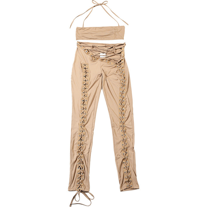 MB1807 Women's Nude Halter Bandeau Crop Top & Waist-Leg Lace-Up High-Waist Leggings Two-Piece Outfit