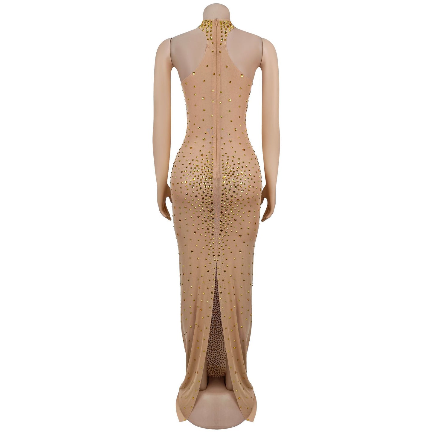 MB1623 Women's Sheer Mesh Gold Rhinestone Gown