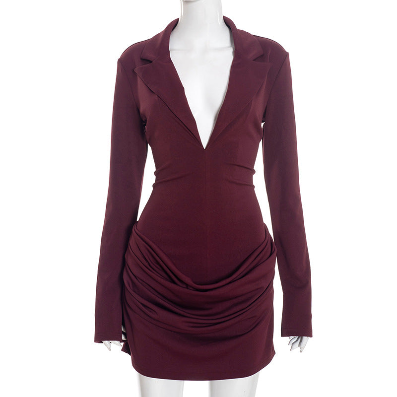 MB1438 Women's Deep V-Neck Ruched Bodycon Mini Dress