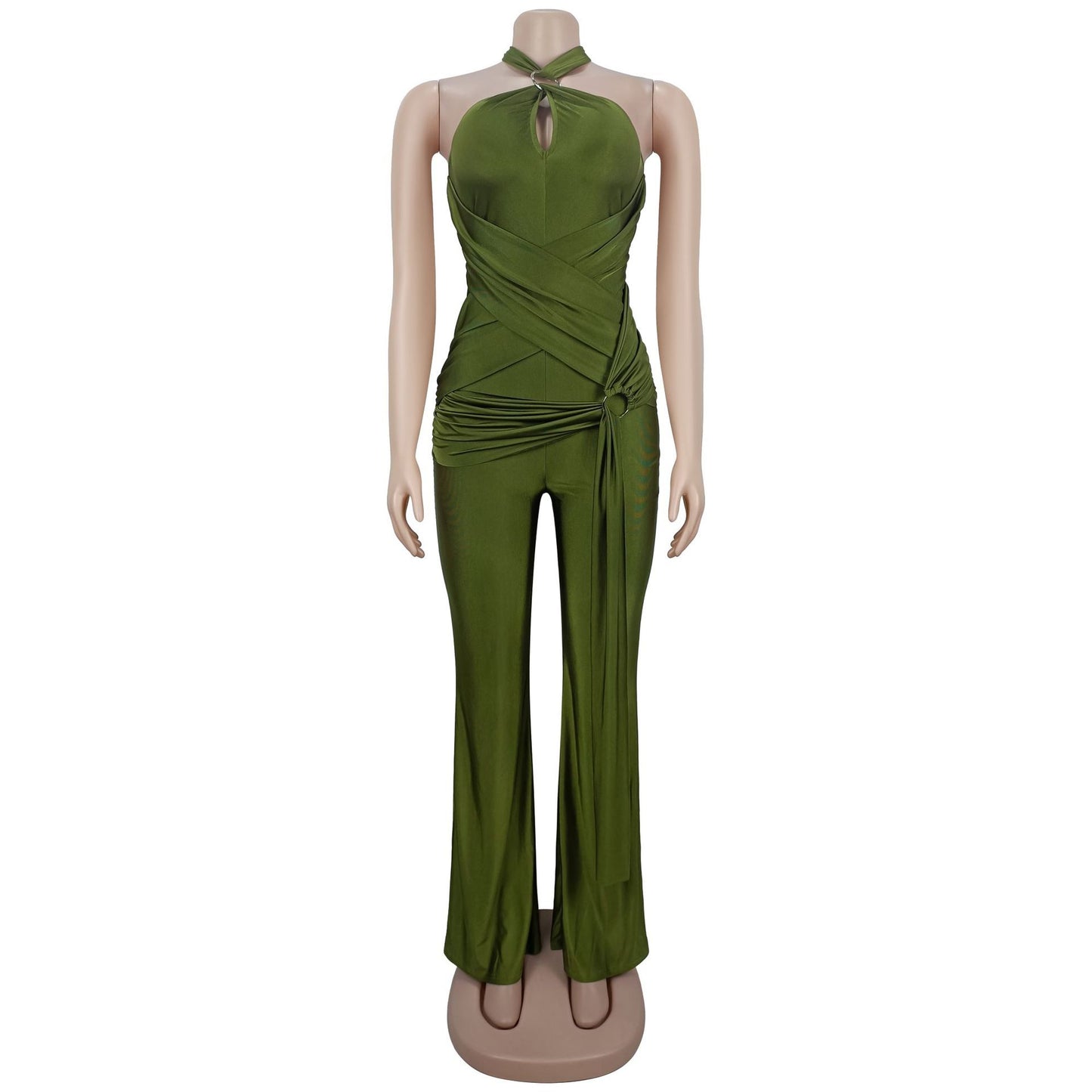 MB1603 Halter Formal Jumpsuit - Cutout Chest Crisscross Ruched Flared Leg