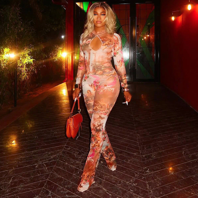 MB1090 Floral Angel Print Bodycon Jumpsuit