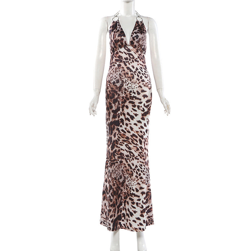 MB1166 Leopard Print Halter Maxi Dress | Chain Strap Backless Bodycon Gown