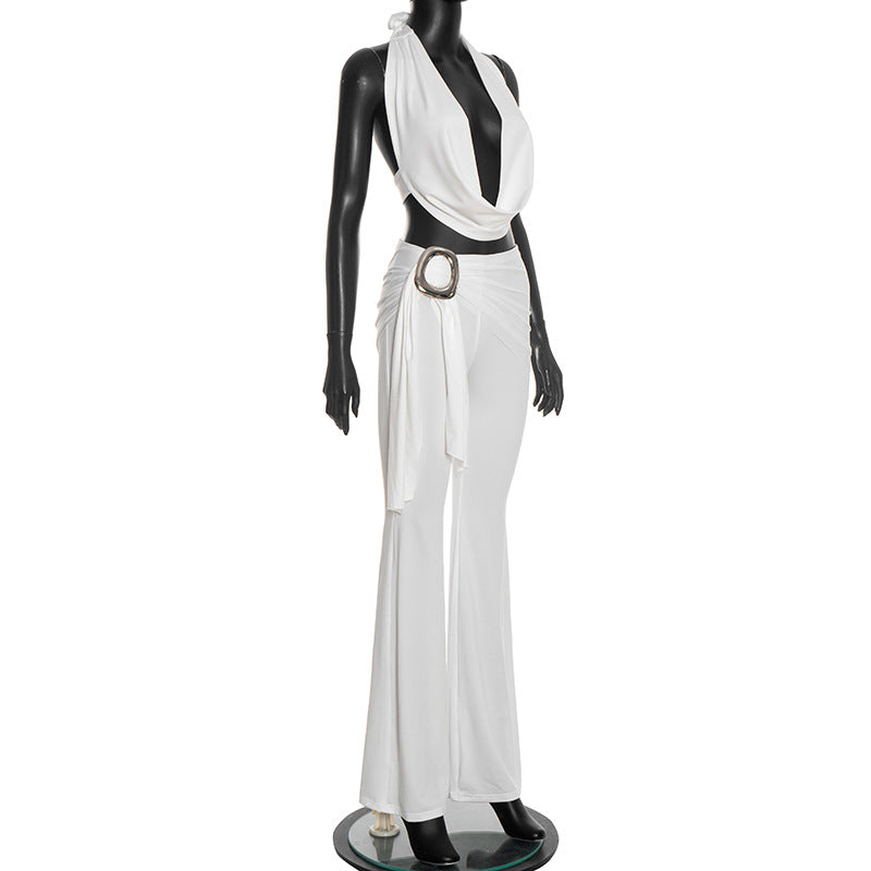 MB10160 Women's Halter Neck Deep V Crop Top with Flared Pants 2 Piece Set