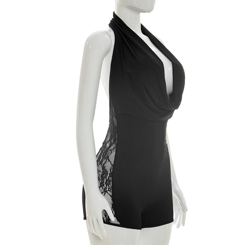 MB10166 Lace Patchwork Halter Romper | Deep V Cowl Neck Backless Bodycon Short Jumpsuit for Women