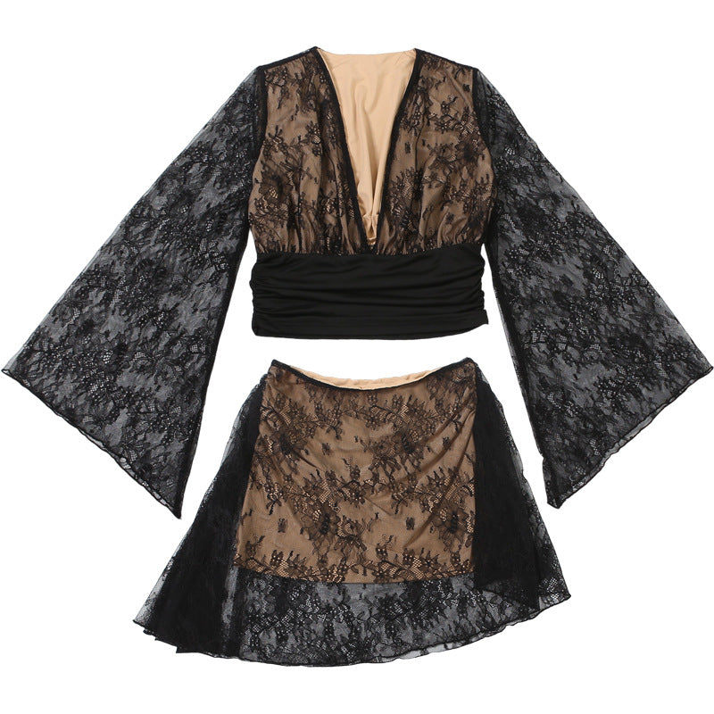 MB1141 Black Sheer Deep V Crop Top & Mini Skirt for Women