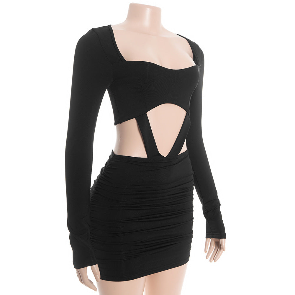 MB1315 Long Sleeve Cutout Crop Top & Ruched Mini Skirt Two-Piece Dress