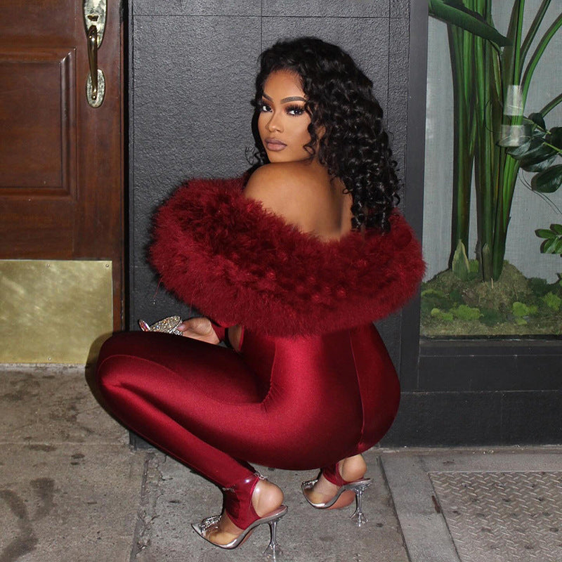 MB10140 Women’s Off-Shoulder Faux Fur Trim Cutout Jumpsuit