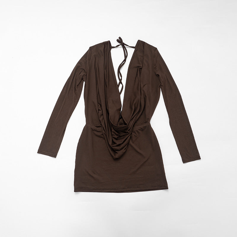 MB10159 Women's Brown Long Sleeve Deep V Neck Bodycon Mini Dress