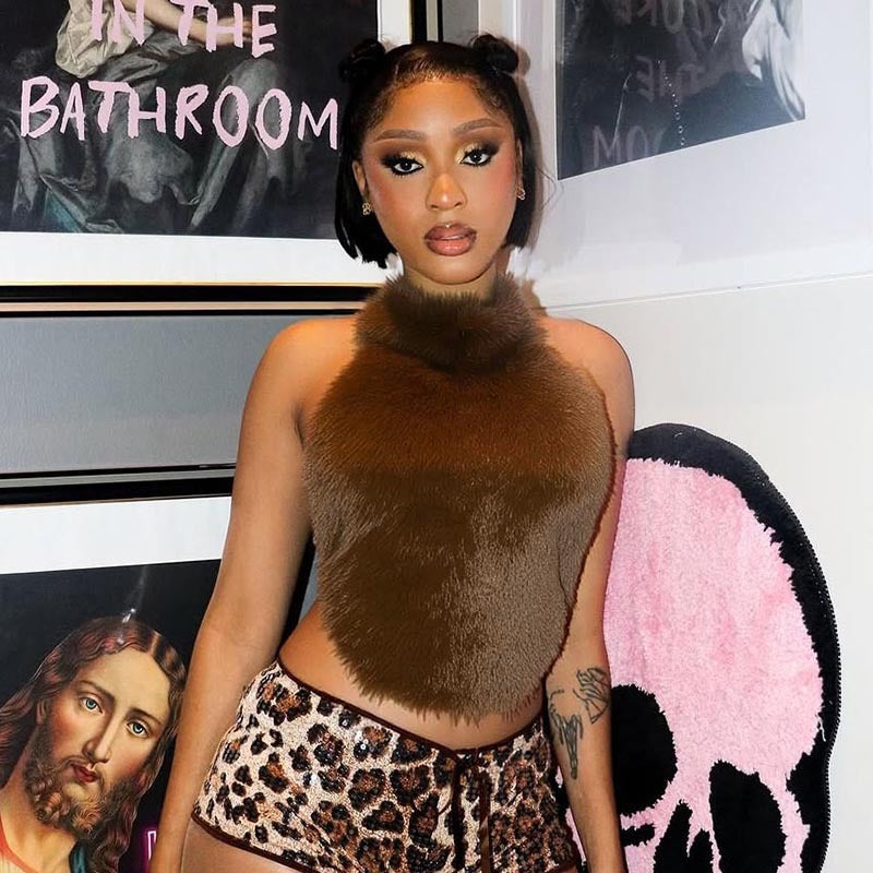 MB1092 Faux Fur Halter Backless Crop Top for Women