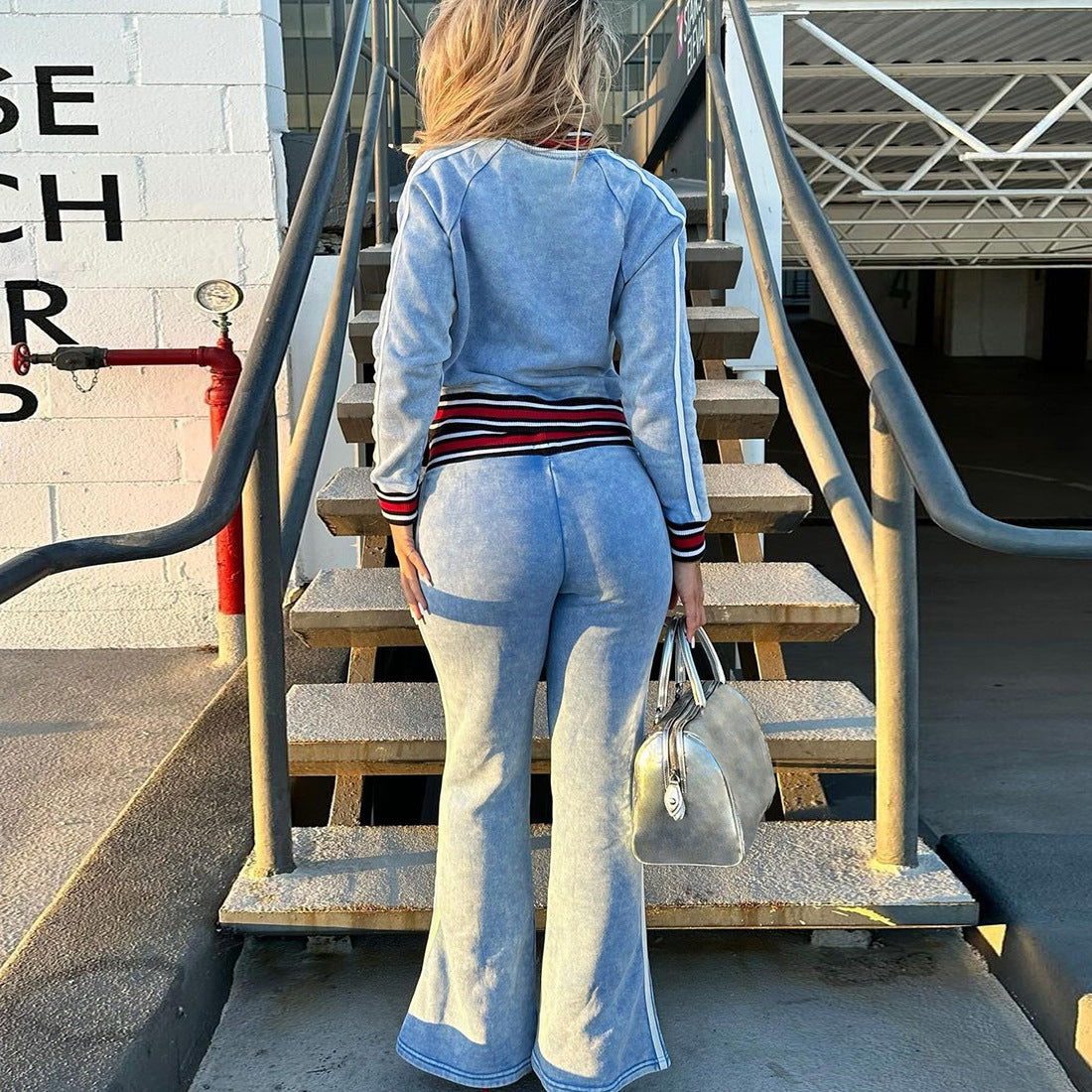 MB1526 Women's Sky Blue Acid Wash Velour 2 Piece Tracksuit