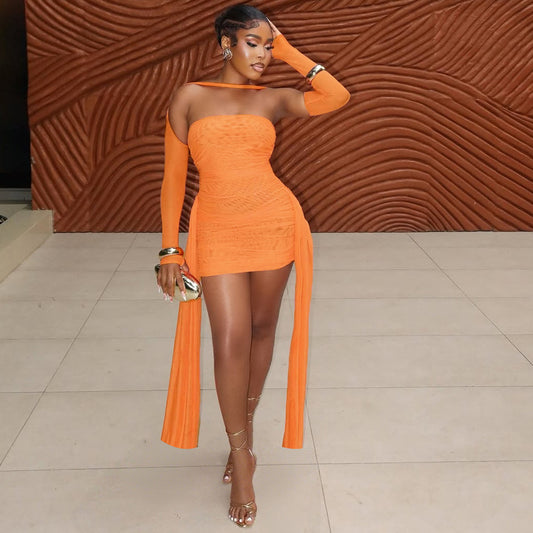 MB1808 Women's Ruched Tulle Sleeve Mini Dress