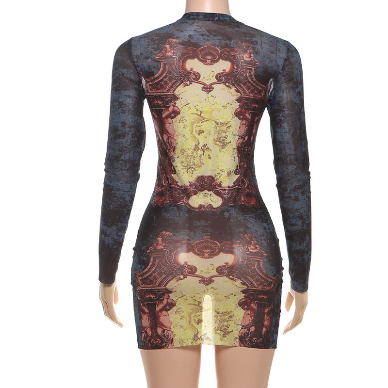 MB1139 Vintage Print Sheer Mesh Bodycon Mini Dress
