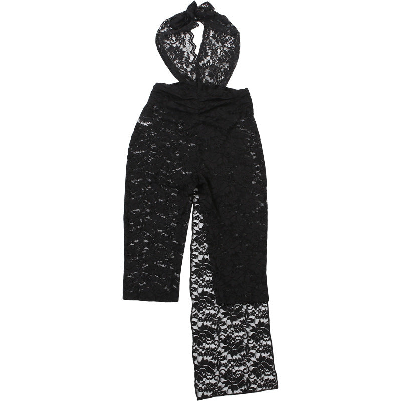 MB1119 Black Lace Halter Backless Skinny Jumpsuit
