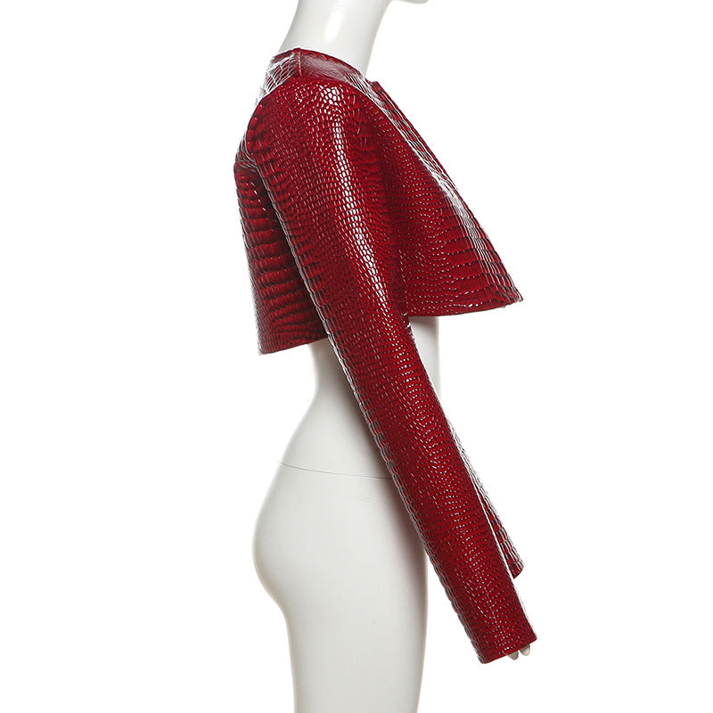 MB1108 Crocodile Print PU Leather Cropped Jacket for Women