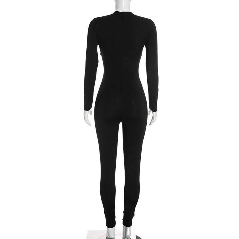 MB10201 Women Black Cut‑Out Long‑Sleeve Jumpsuit