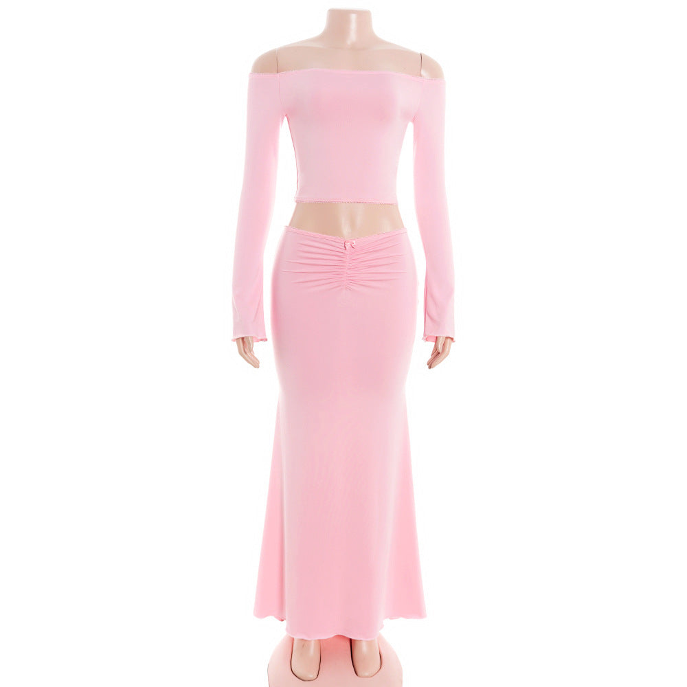 MB1322 Pink Long Sleeve Crop Top & Mermaid Maxi Skirt Set