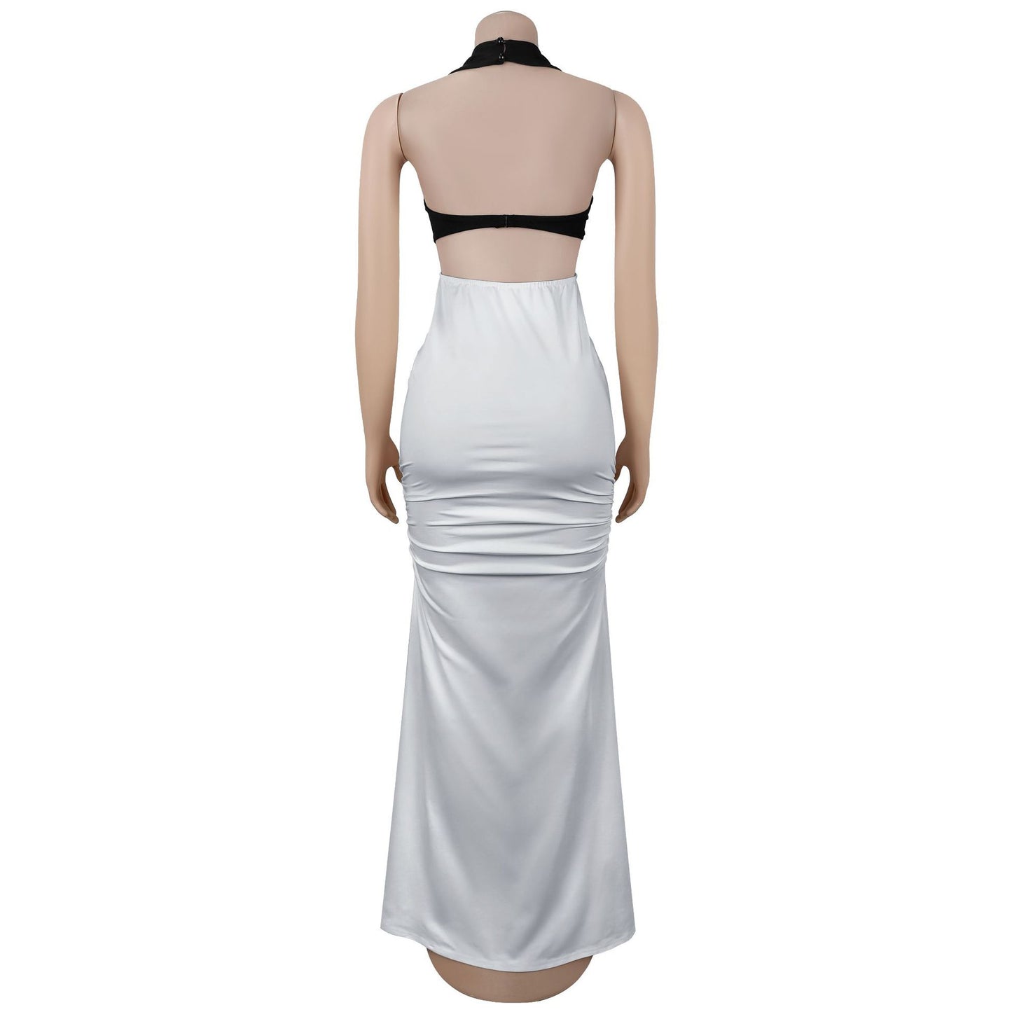 MB1601 Black & White Halter Plunging V Maxi Dress