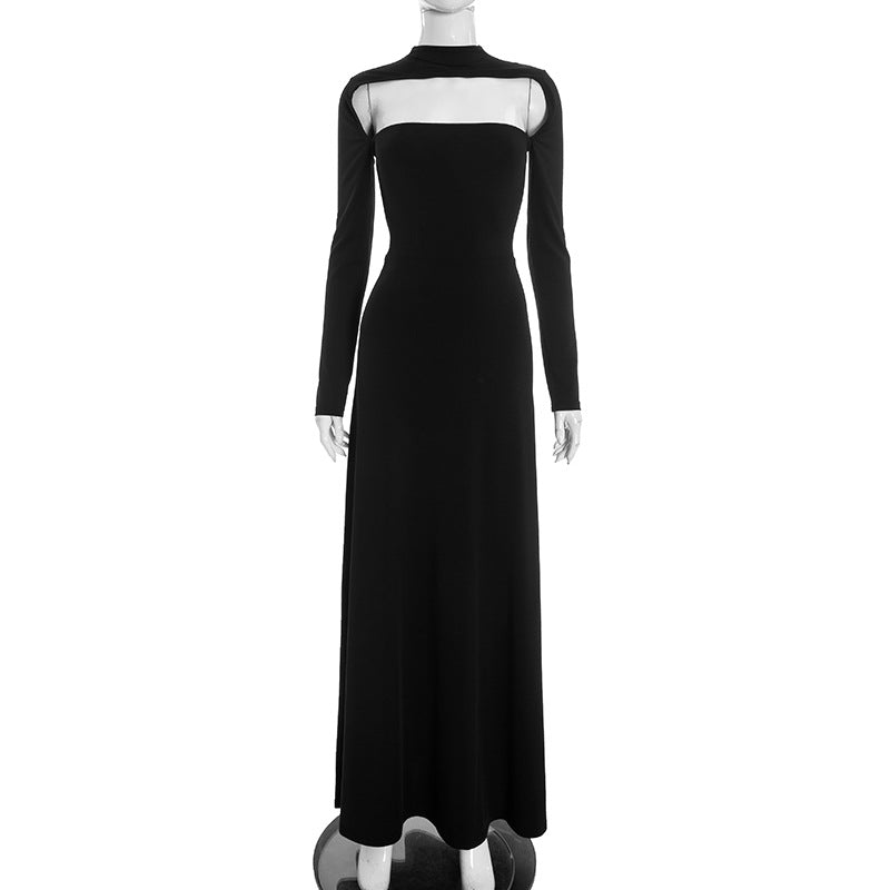 MB1445  Solid Color Long Sleeve High Neck Cutout Maxi Dress