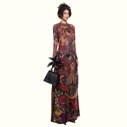 MB1837 Sexy High Neck Long Sleeve Sheer Maxi Dress with Japanese Ukiyo-e Dragon Print