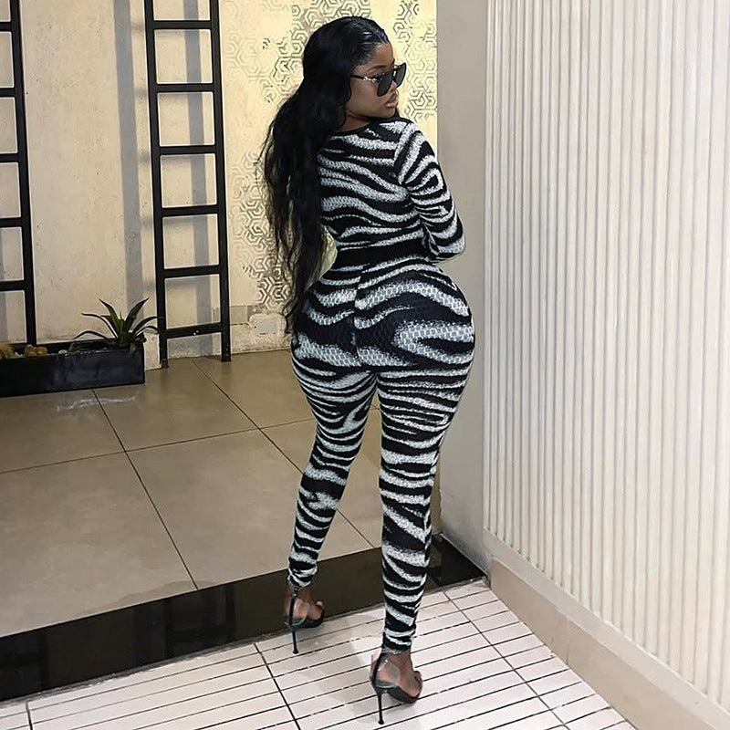 MB1054 Zebra Print Cutout Bodysuit & Pants Women's Two-Piece Set