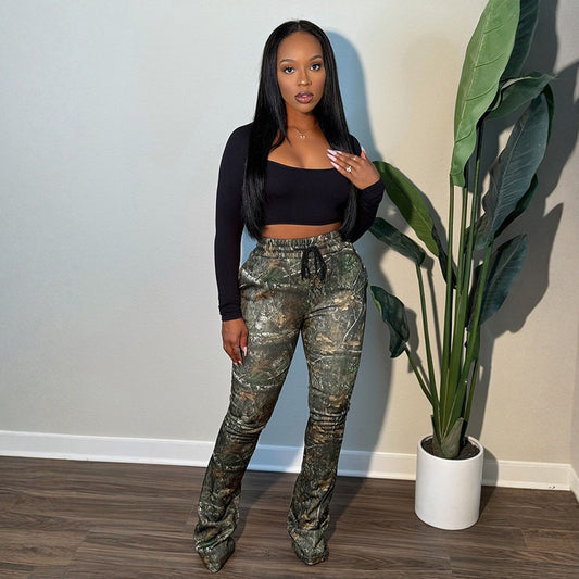 MB10126 Vintage Leaf & Tree Camo Micro Flare Pants