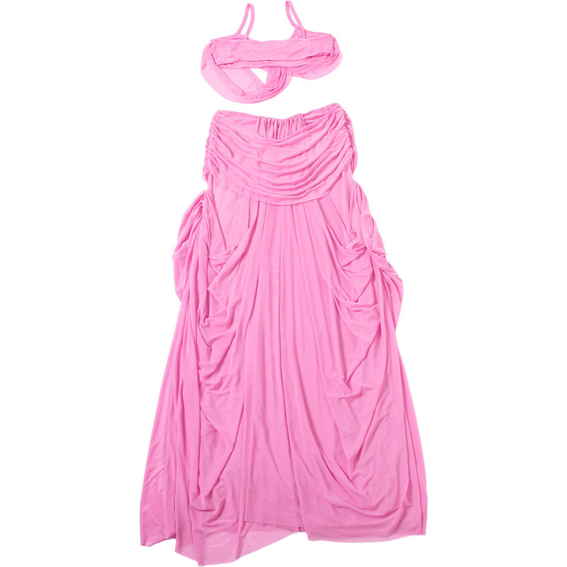 MB1901 Pink Two-Piece Mesh Set – Spaghetti Strap Crop Top & High Waist Maxi Skirt