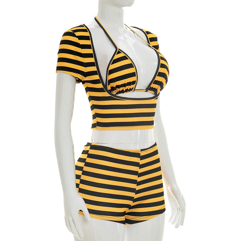 MB10164 Striped 3 Piece Outfit Women | Halter Tie Bralette + Short Sleeve Crop Top + Ruched Drawstring Shorts Matching Set