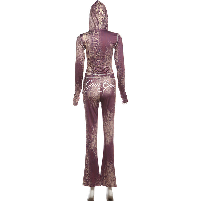 MB1152 Women’s Burgundy Snake Print Hooded Two Piece Set