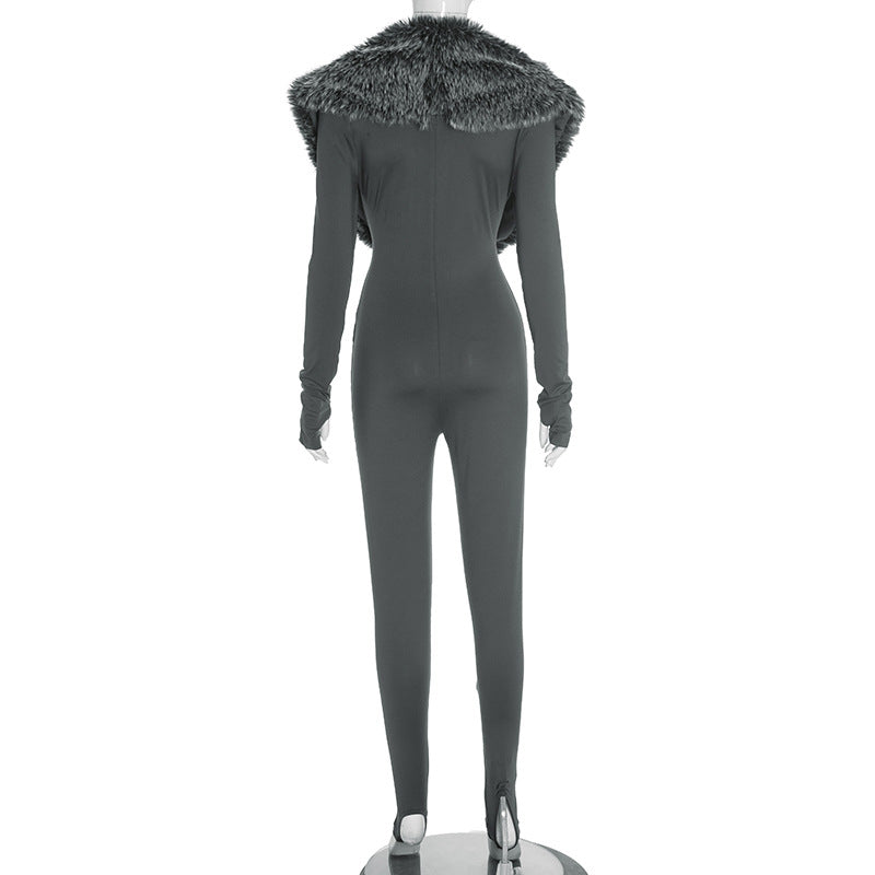 MB1065 Bodycon Jumpsuit with Faux Fur Collar & Footed Design